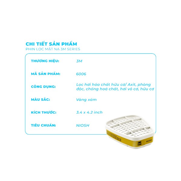 Phin lọc 3M 6006 lọc hơi hóa chất hữu cơ/ Axit, phòng độc, chống hoá chất, hơi vô cơ, hữu cơ giá tốt