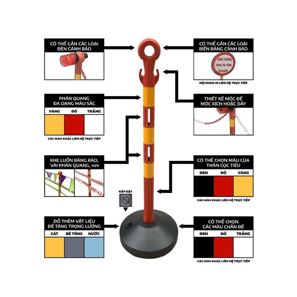 Cọc tiêu đa năng Nhật Quang đa dạng màu sắc, đèn cảnh báo thân phản quang