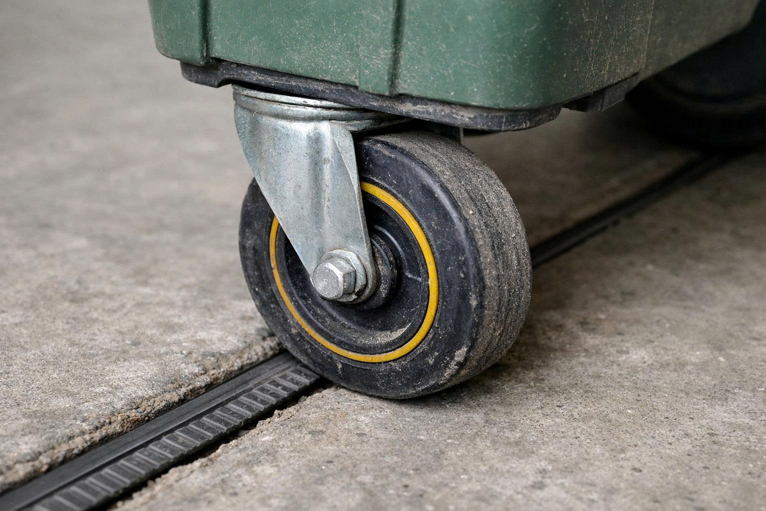 Cận cảnh bánh xe thùng rác công nghiệp khi di chuyển