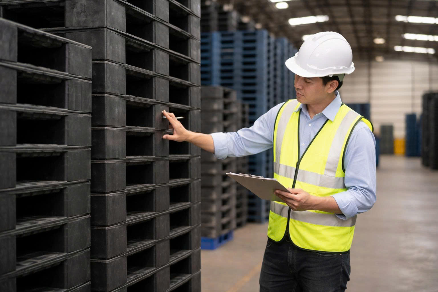Chuyên gia kho vận kiểm tra pallet nhựa trong kho