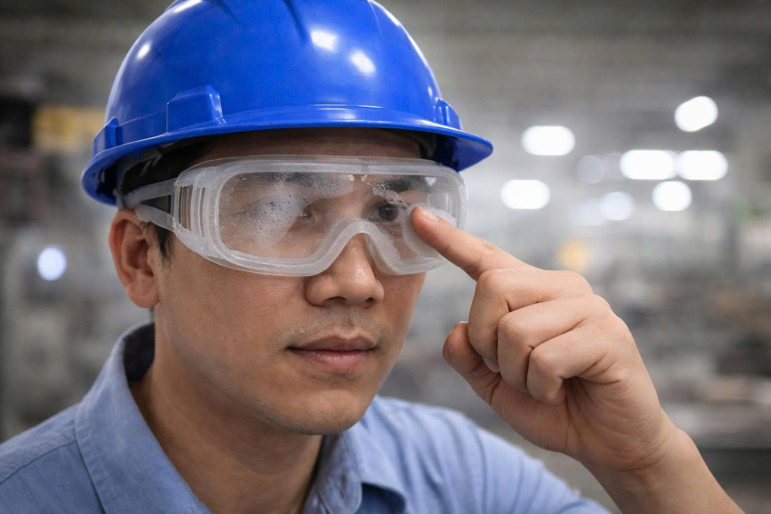 Công nhân trong nhà xưởng đeo kính bảo hộ bị mờ do hơi nước