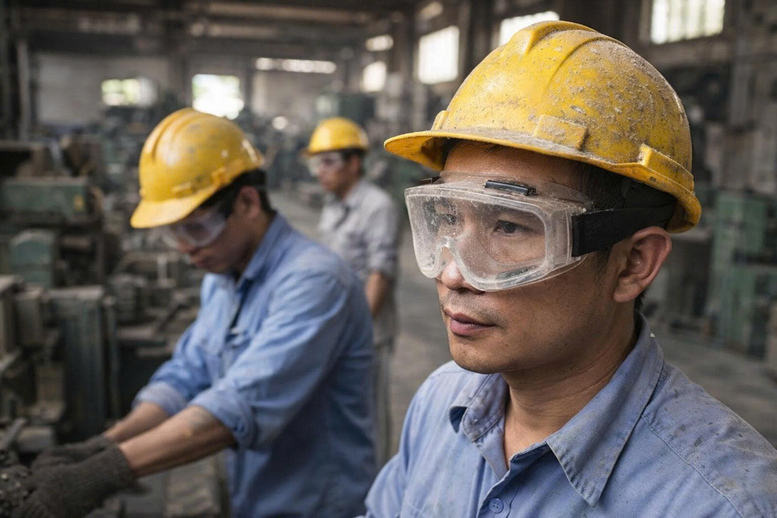 Công nhân làm việc trong nhà xưởng đeo kính bảo hộ trong suốt