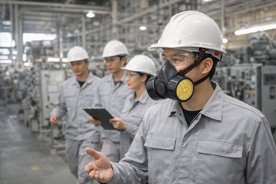 Mặt nạ phòng độc Nhật Quang sử dụng trong môi trường nhà máy sản xuất, đảm bảo an toàn hô hấp cho người lao động.