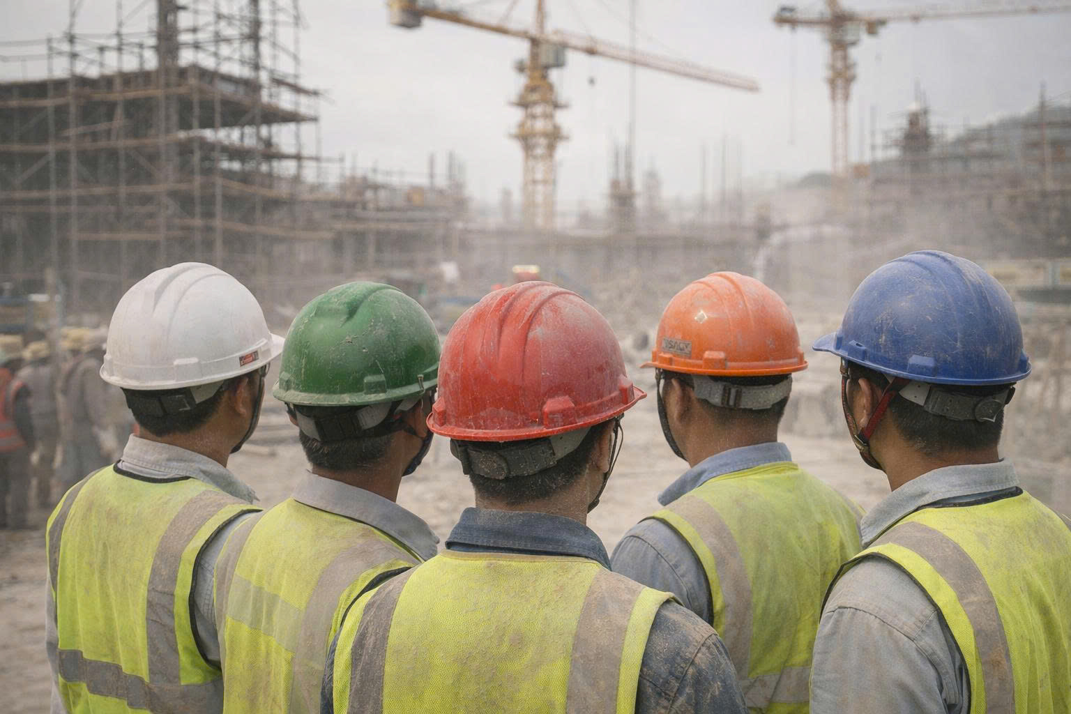 Nội dung ảnh công trường có nhiều nhóm nhân sự đội mũ khác màu