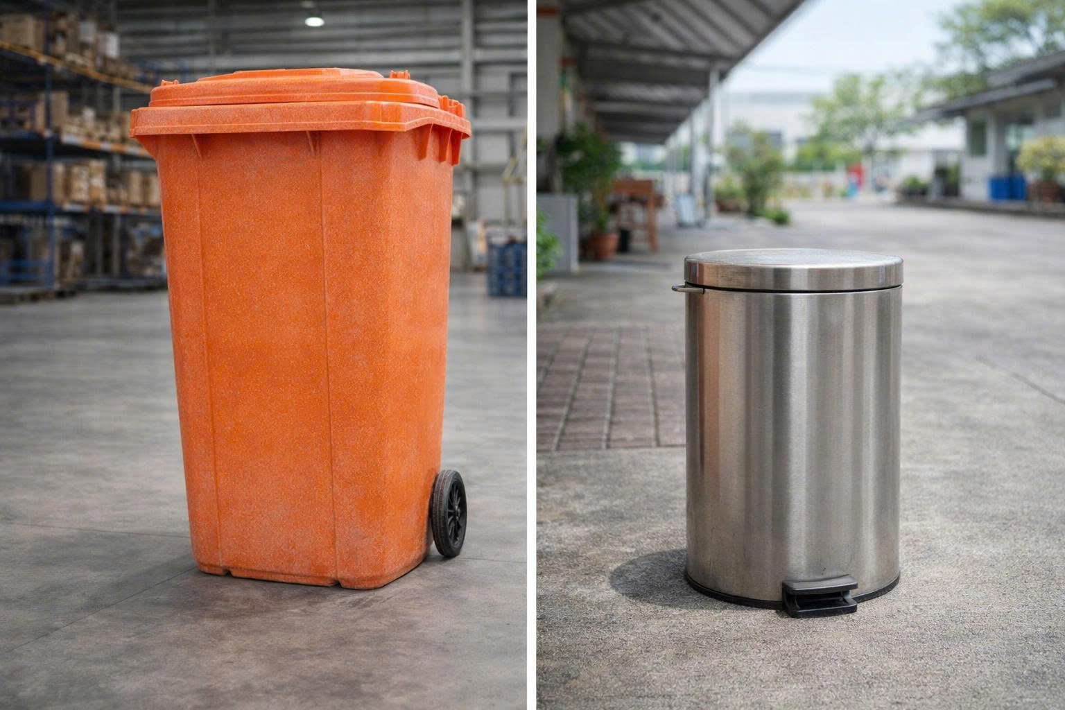 Thùng rác nhựa dùng trong nhà và thùng rác kim loại dùng ngoài trời