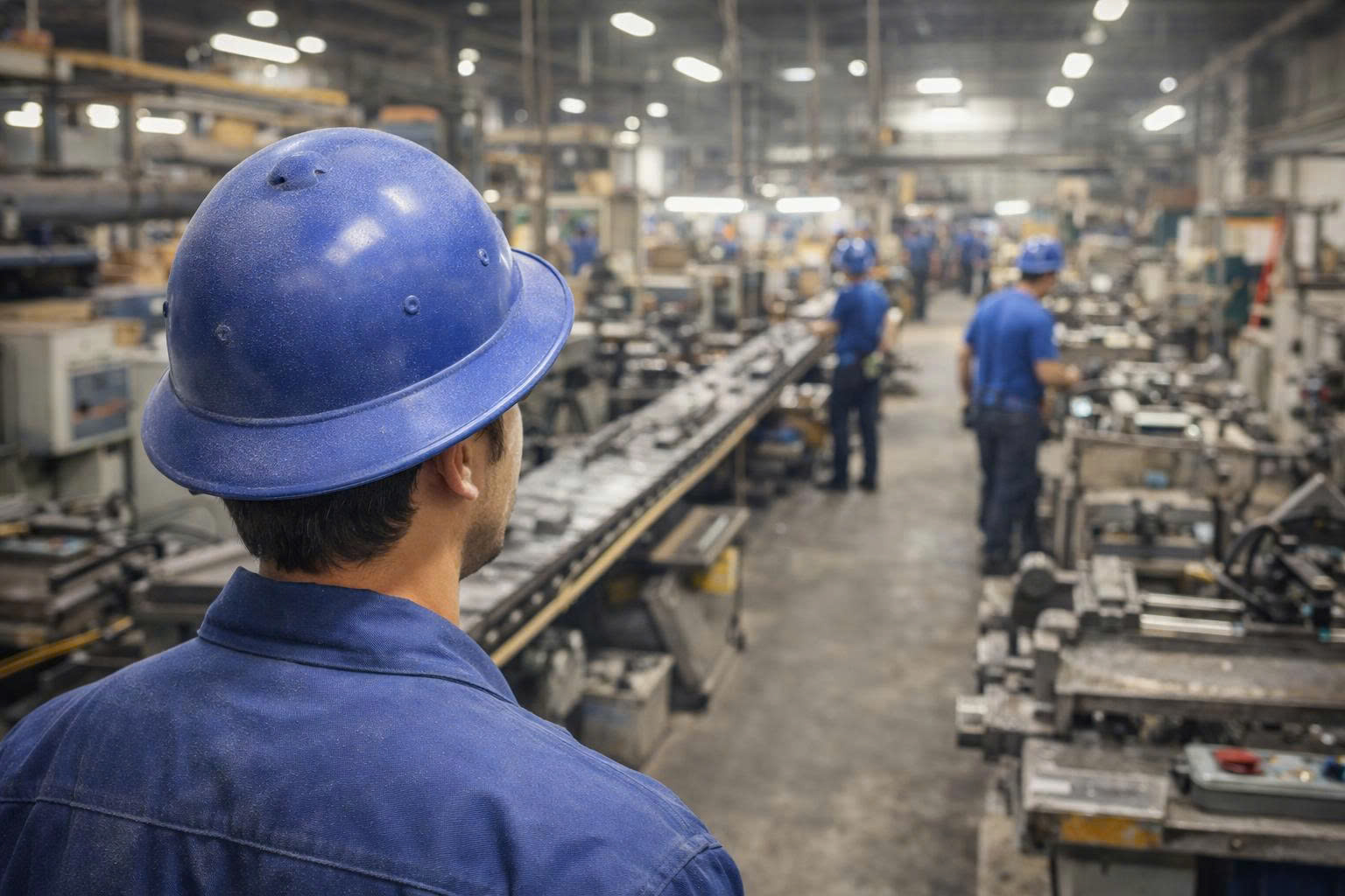 Toàn cảnh nhà xưởng sản xuất với công nhân đội mũ bảo hộ