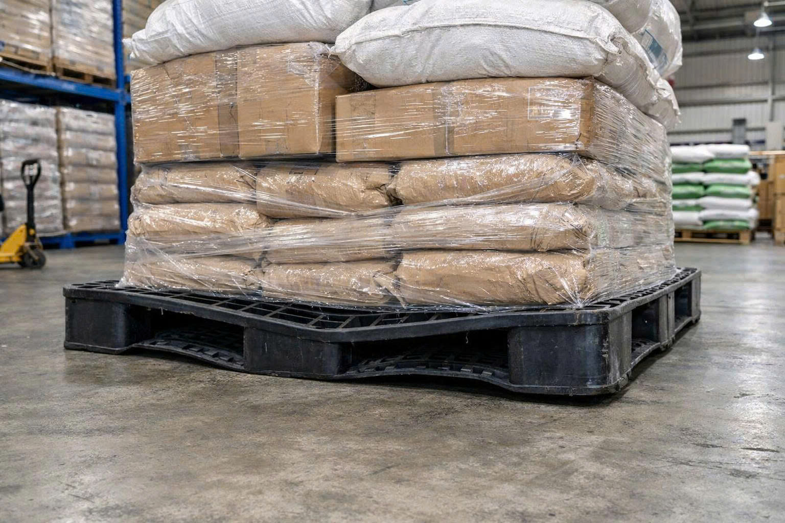 Pallet nhựa bị võng đáy do kê hàng sai tải trọng trong kho