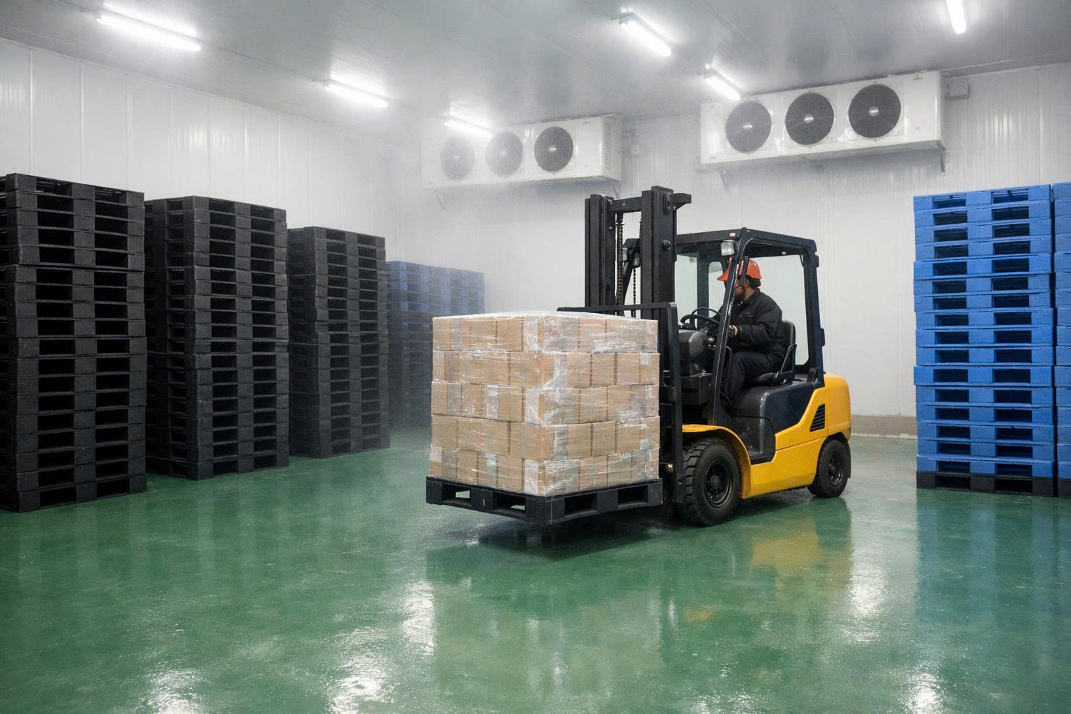 Pallet nhựa trong kho lạnh, xe nâng thao tác an toàn, sàn chống trượt