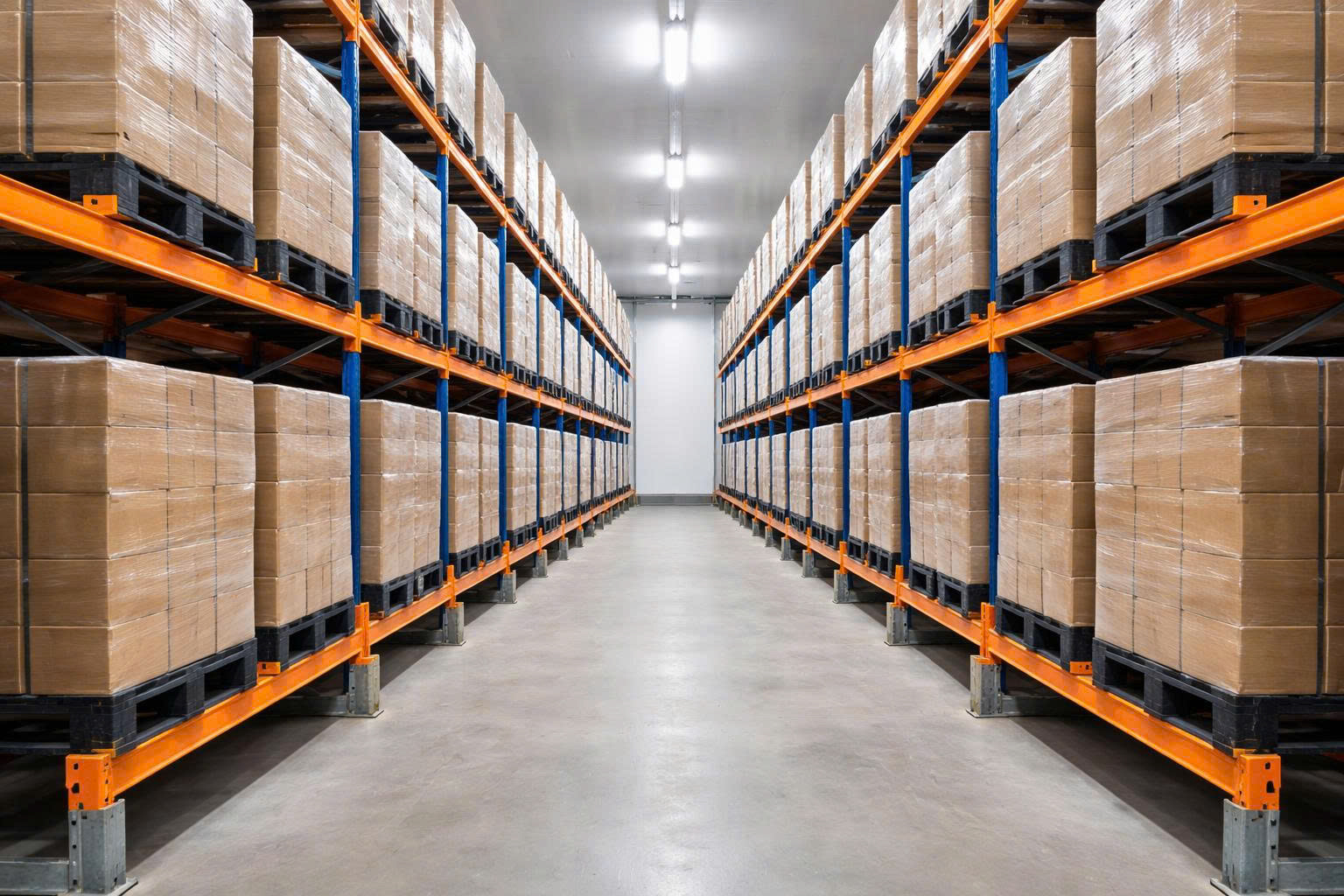 Pallet nhựa đặt trên kệ rack kho lạnh, tải ổn định và không võng