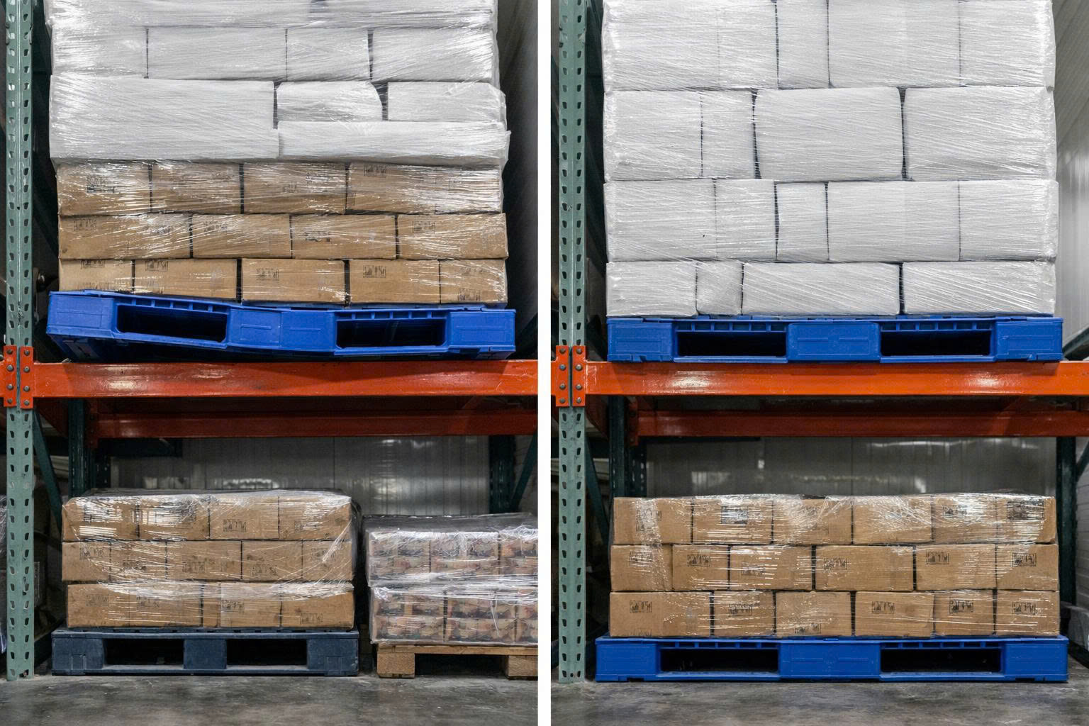 So sánh pallet kho lạnh sai chuẩn gây võng và pallet đúng chuẩn ổn định trên rack