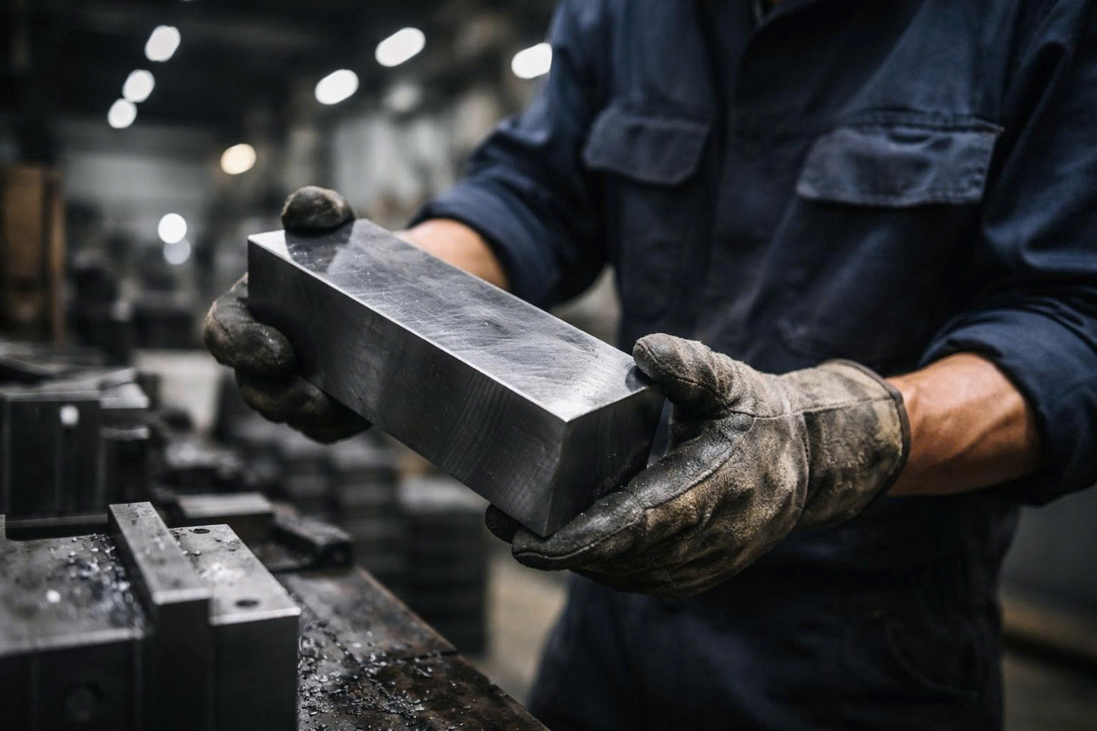 Công nhân cơ khí thao tác với phôi kim loại sắc cạnh