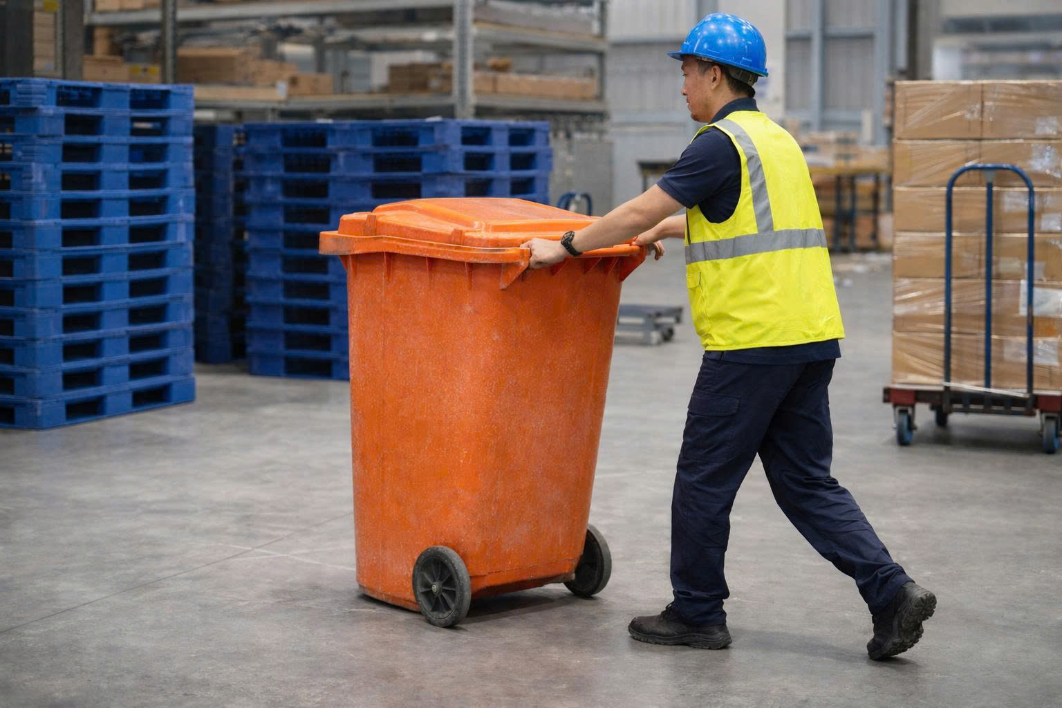 Công nhân di chuyển thùng rác nhựa có bánh xe trong nhà xưởng