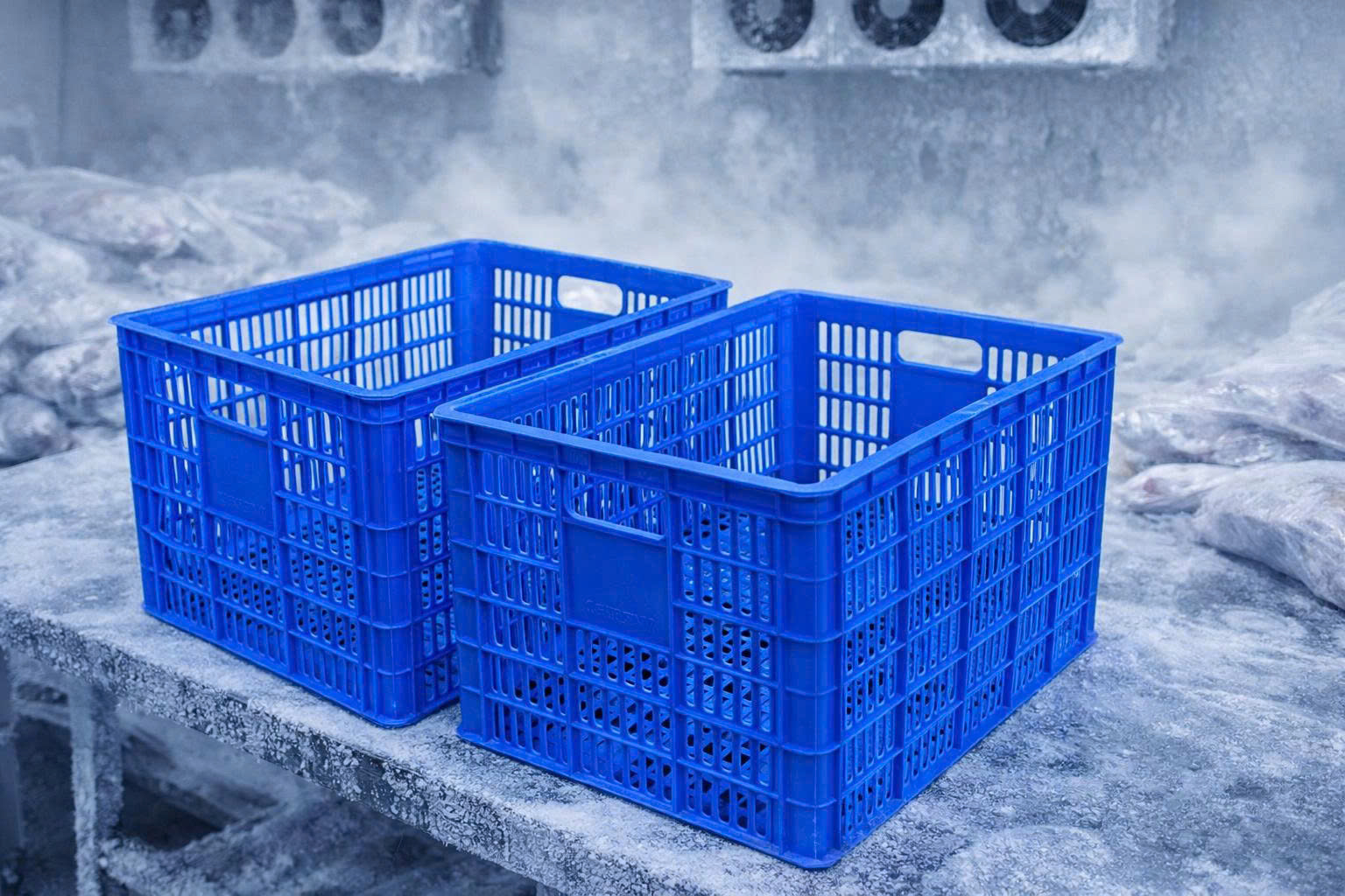 Hai thùng nhựa PP và HDPE đặt cạnh nhau trong môi trường lạnh