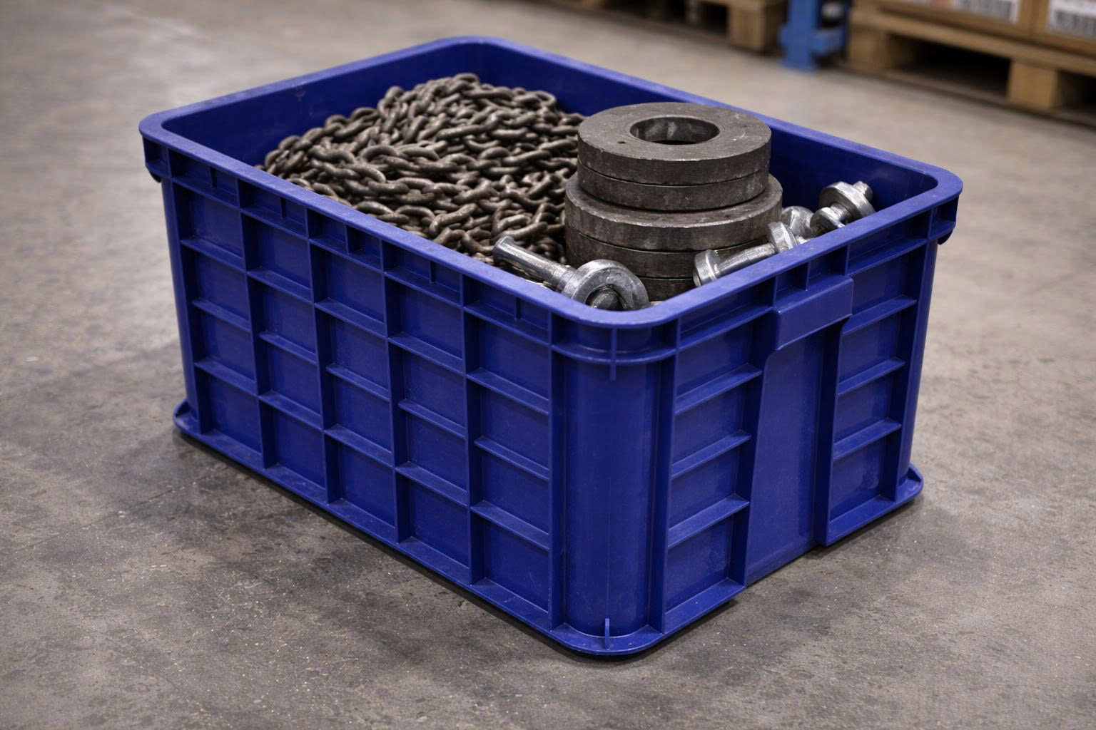 Thùng nhựa dày chứa hàng nặng trong kho xưởng