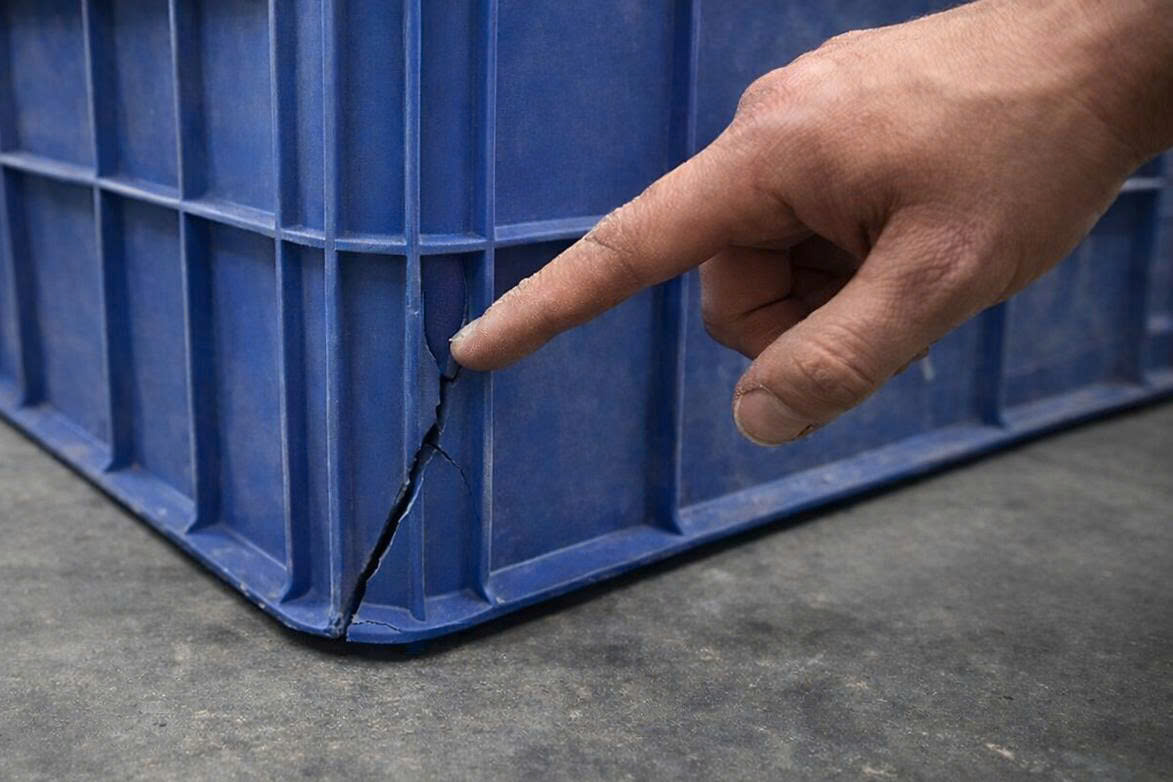 Cận cảnh đáy thùng nhựa bị nứt tại góc, bề mặt nhựa giòn, vết nứt lan từ đáy lên thành