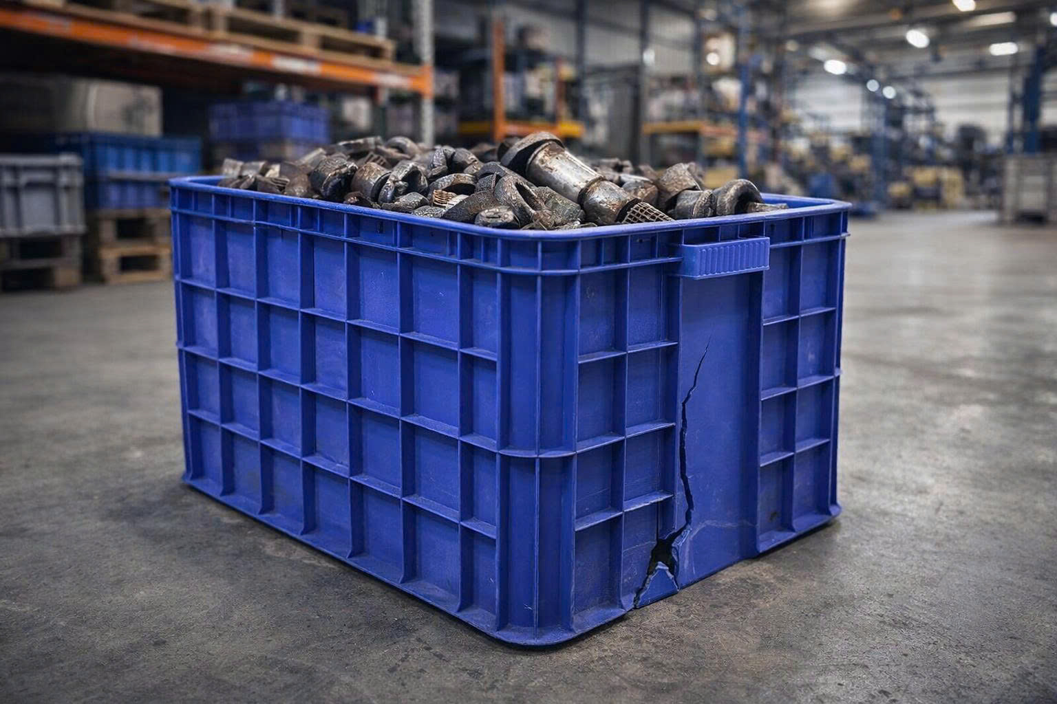 Thùng nhựa chứa hàng nặng lệch tâm, đáy bị cong và xuất hiện vết nứt