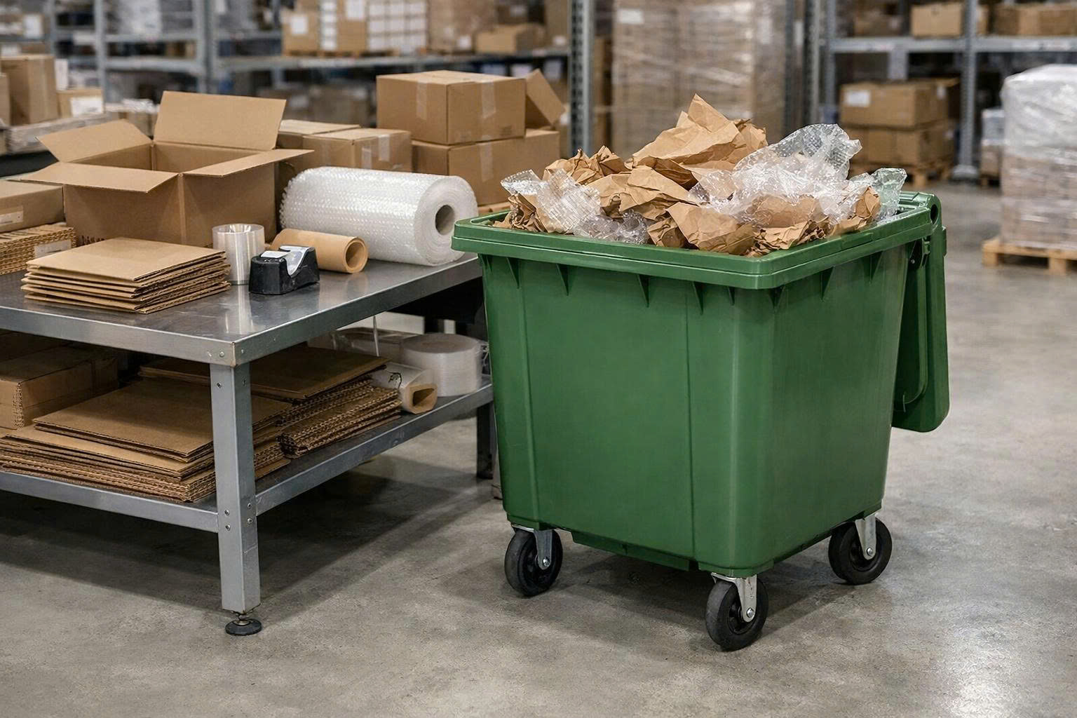 Thùng rác có bánh xe được đẩy trong lối đi kho hàng