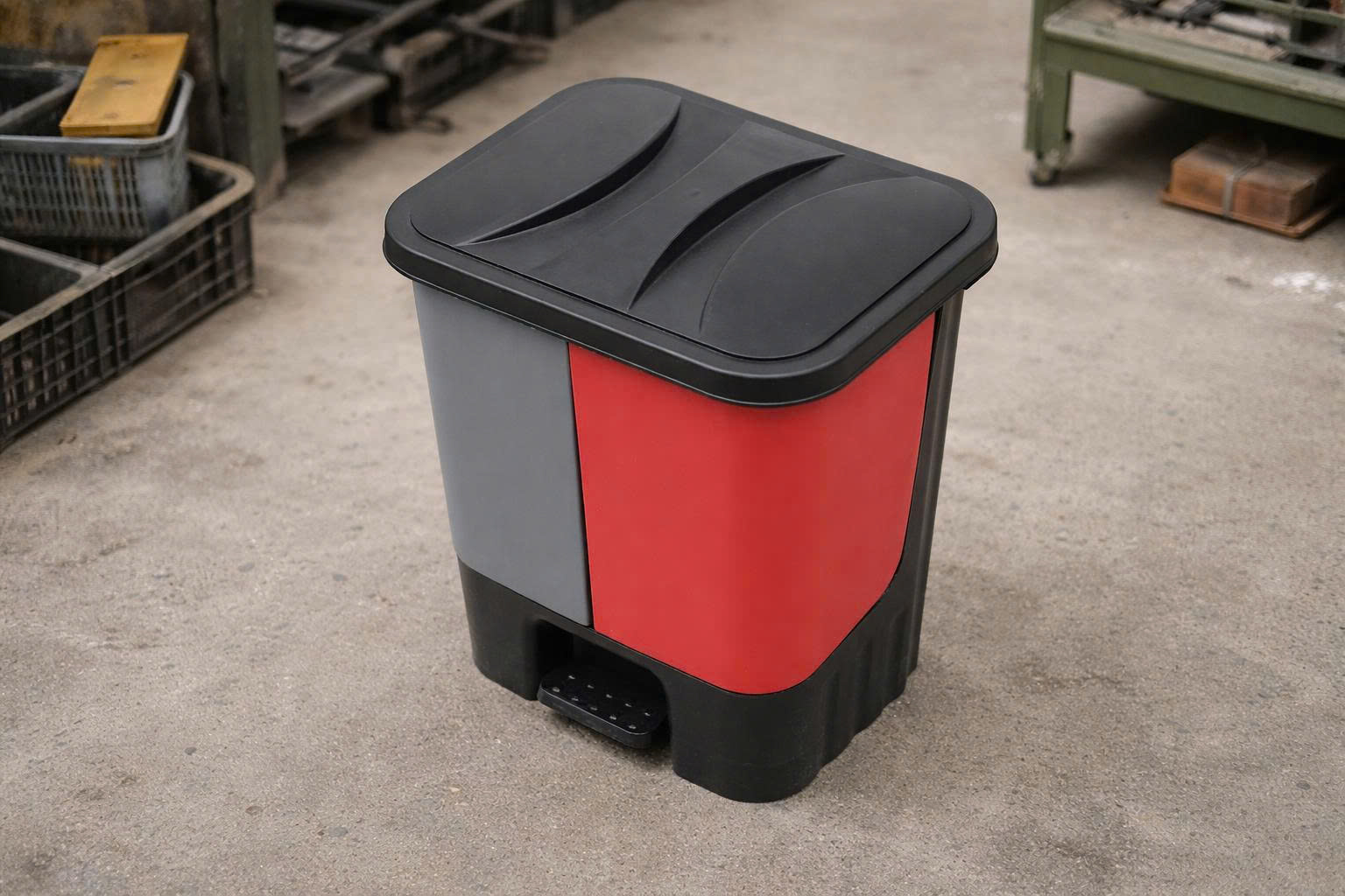 Thùng rác công nghiệp đặt tại khu sàng lọc vật tư trong xưởng