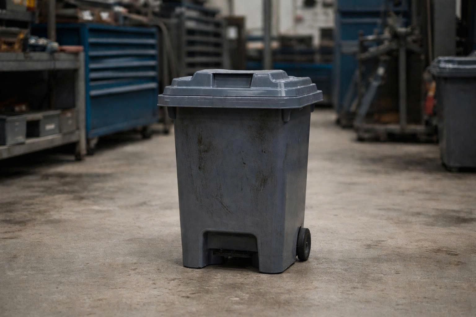 Thùng rác trong môi trường nhà xưởng có thể thường xuyên tiếp xúc dầu mỡ, dung môi hoặc hóa chất